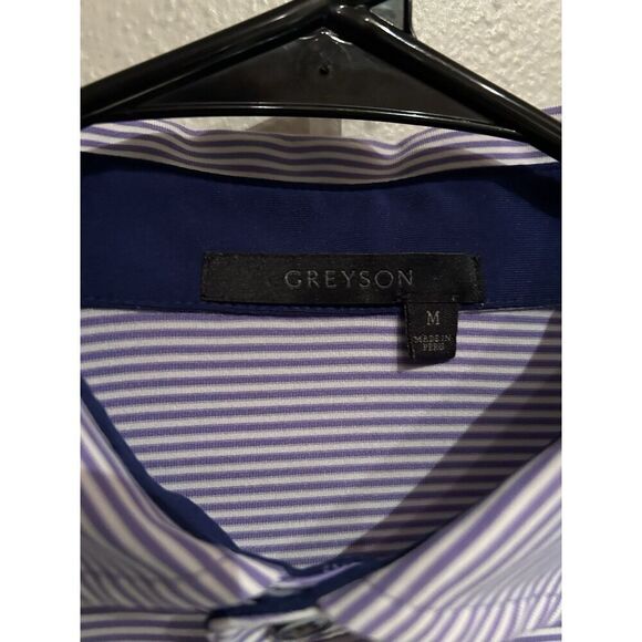 Greyson Mens Medium Purple Striped Golf Polo Shirt FLAW - Picture 3 of 8